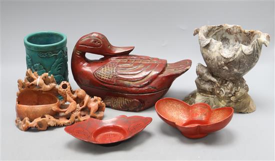 Two Chinese soapstone carvings, a lacquered wood duck, two lacquer stands and a brushpot, duck W.24cm